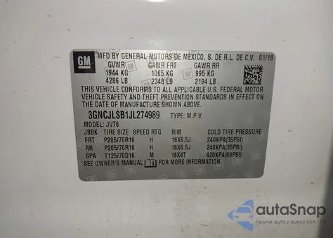 2018 Chevrolet Trax Lt z USA, uszkodzony, nr VIN 3GNCJLSB1JL274989